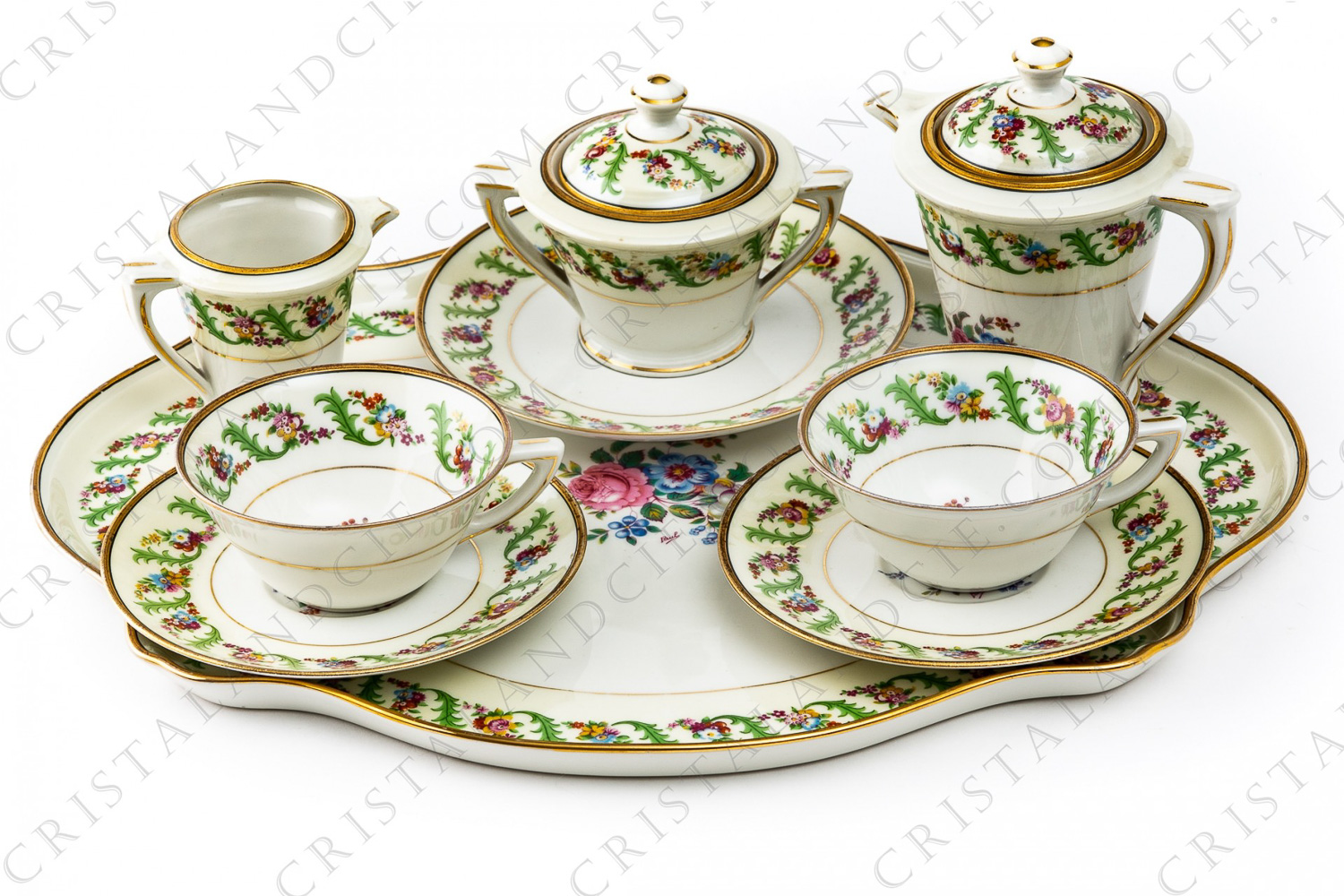 Coffee set in Limoges china by Haviland et Parlon decorated with friezes and bouquets of polychromes flowers photo-1