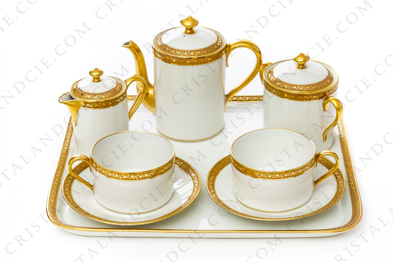Tea set in china of Limoges by Gerard Dufraissex Abbot decorated with friezes of flowers in glod inlays photo-1