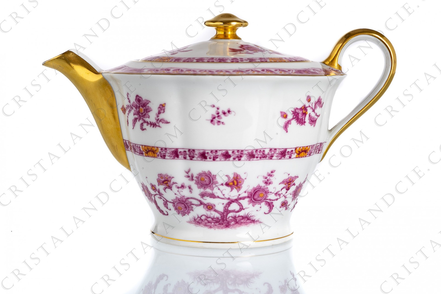 Tea pot in Limoges china by Haviland pattern Arbre pourpre shape Lutece decorated with a purple and yellow flowered tree in the middle, with vegetables friezes and with a gold border photo-1