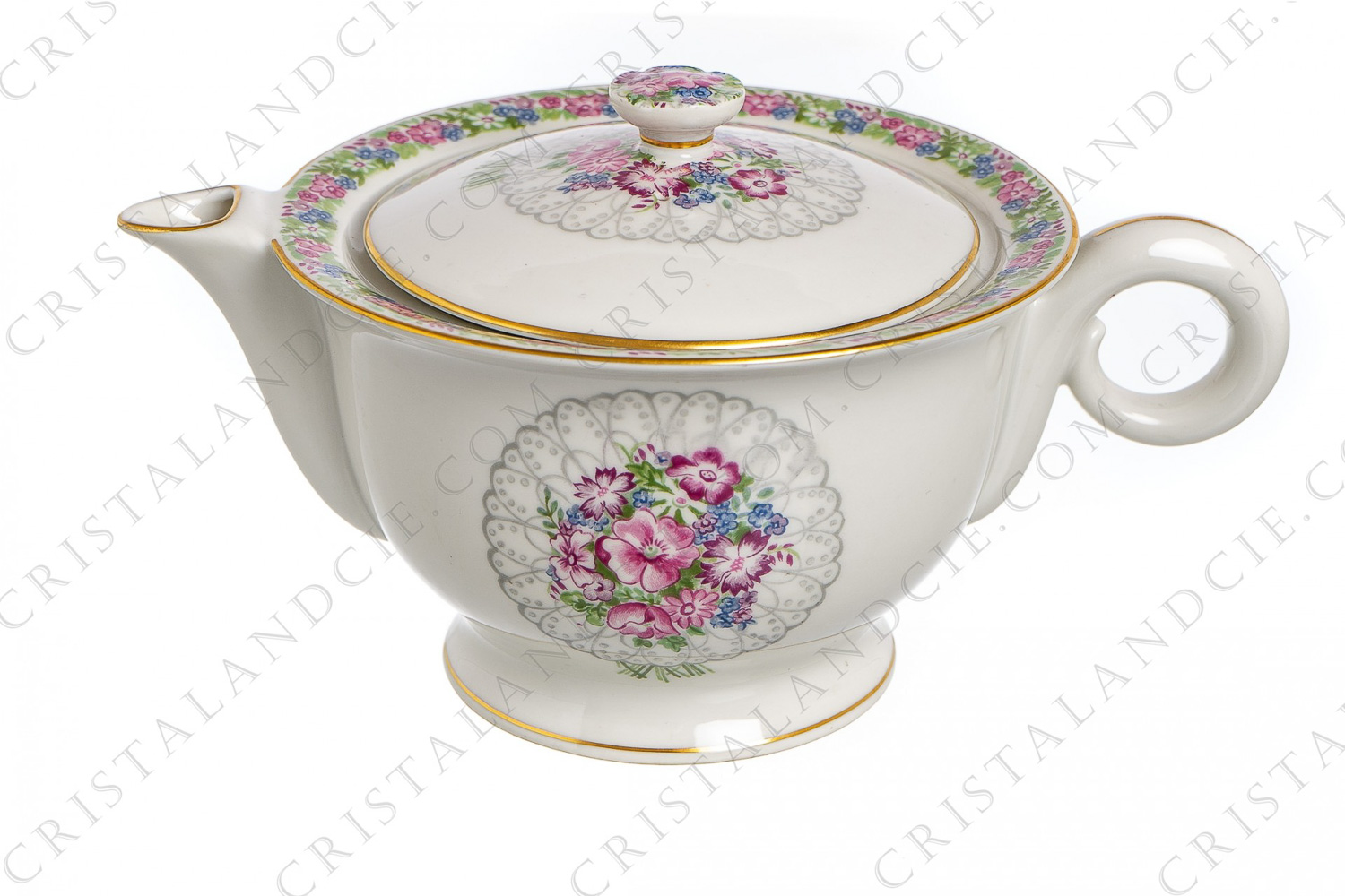 Théière en porcelaine de Limoges de la maison Haviland ornée de bouquets de fleurs en médaillon, de frises de fleurs et filets or photo-1