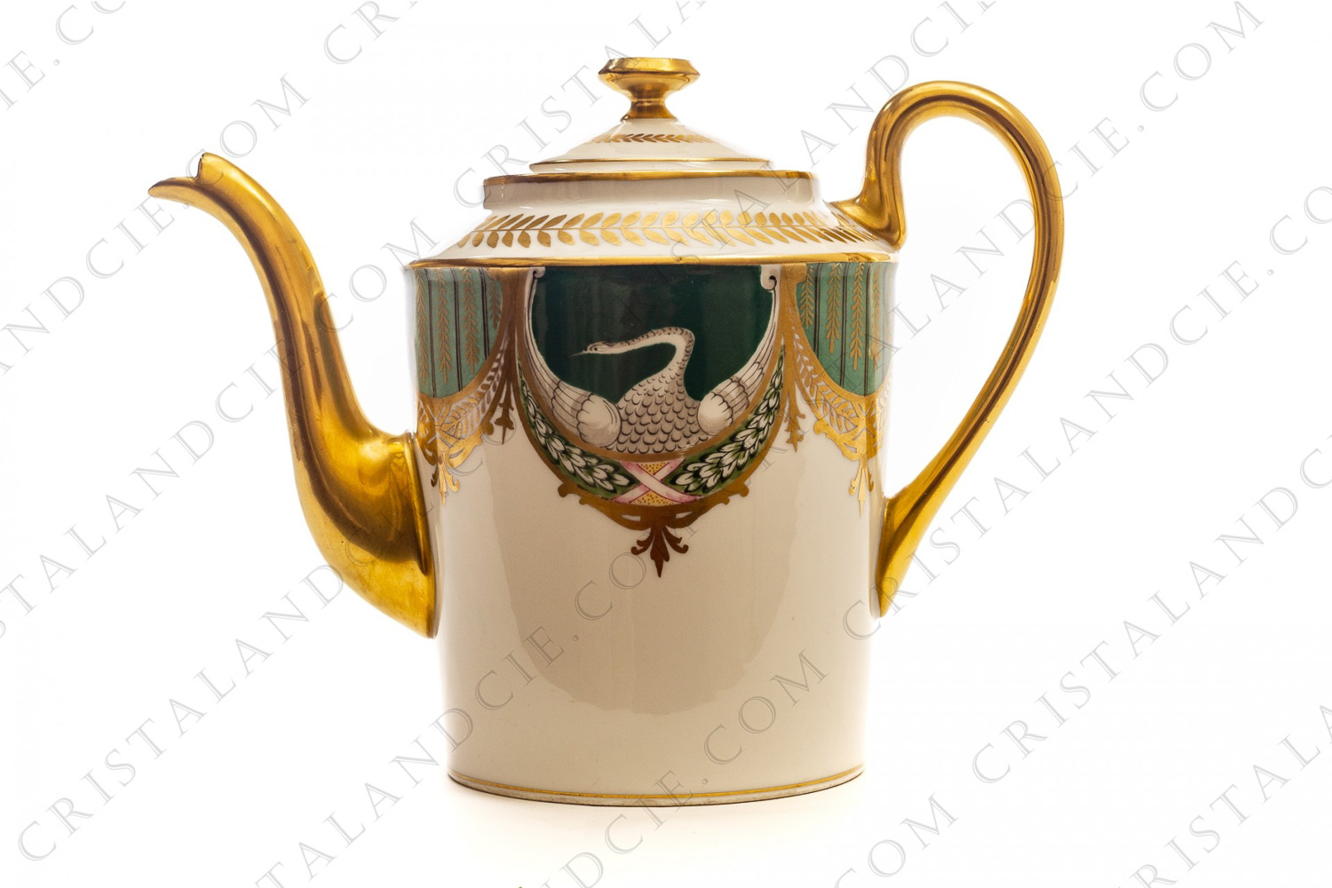 Tea pot in china of Limoges by Charles Ahrenfeldt hand painted with swans on a green background, and green and gold garlands and friezes photo-1