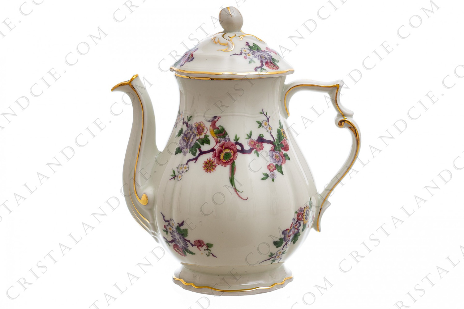 Tea pot in china of Limoges by Bernardaud pattern Bengali decorated with polychromes flowers and birds of paradise photo-1