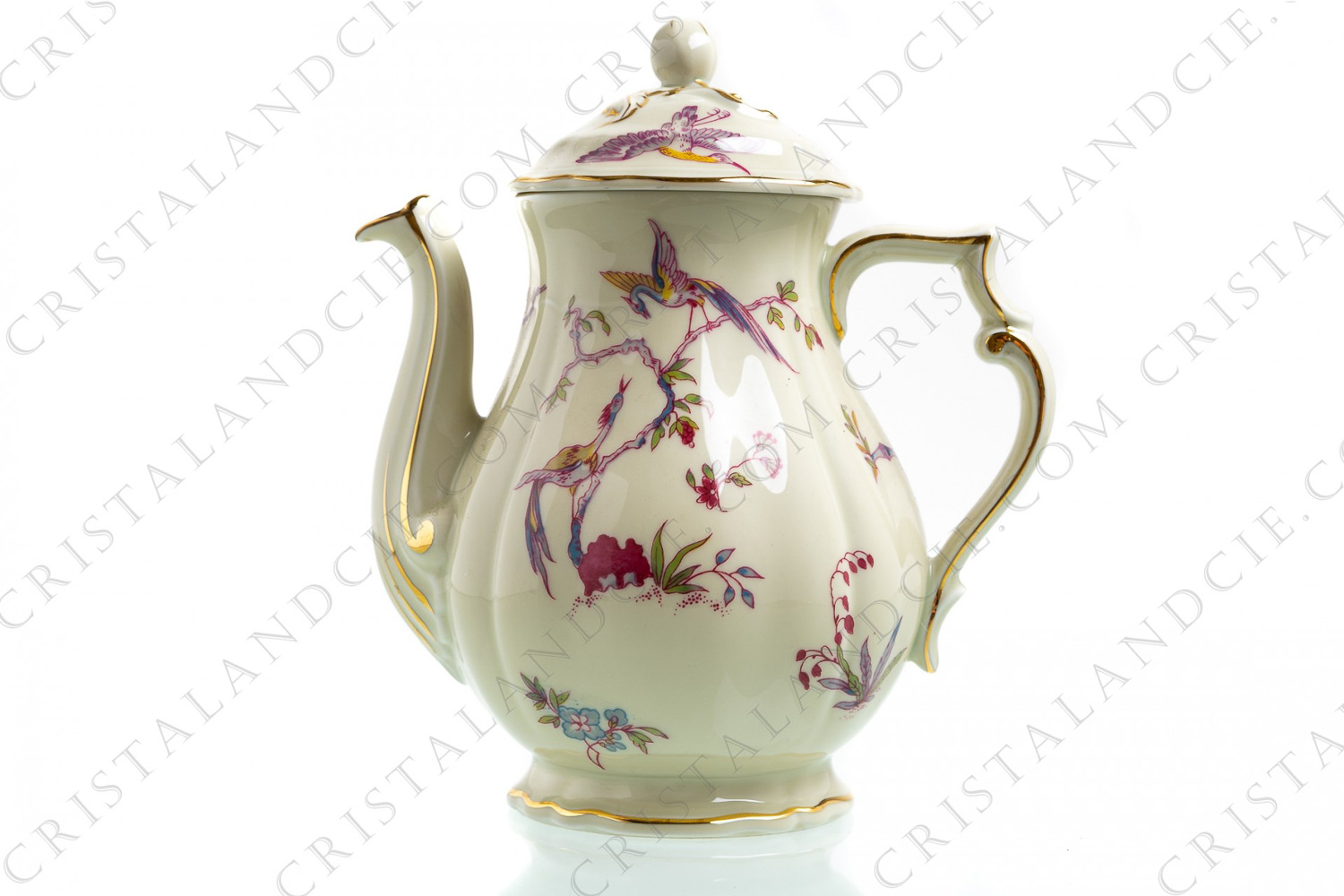 Tea pot in china of Limoges by Bernardaud pattern Chantilly with a Japanese polychrome pattern of flowers and birds of paradise photo-1