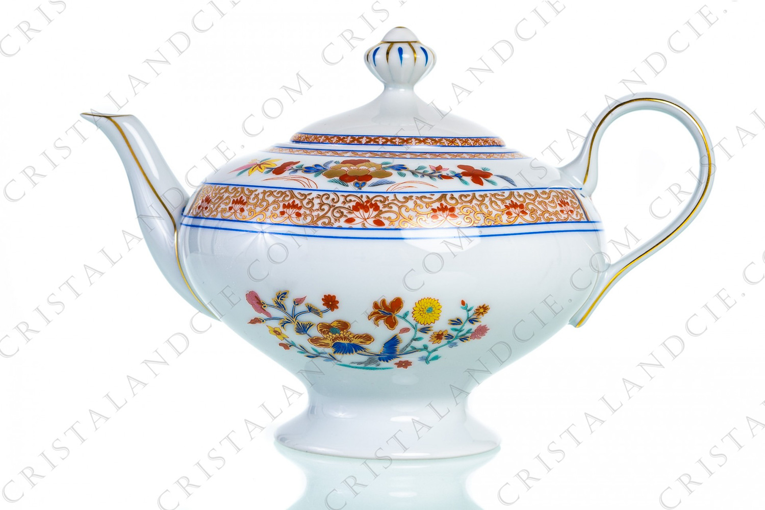 Tea pot in Limoges china by Bernardaud pattern Pondichery decorated with polychromes and gold flowers photo-1