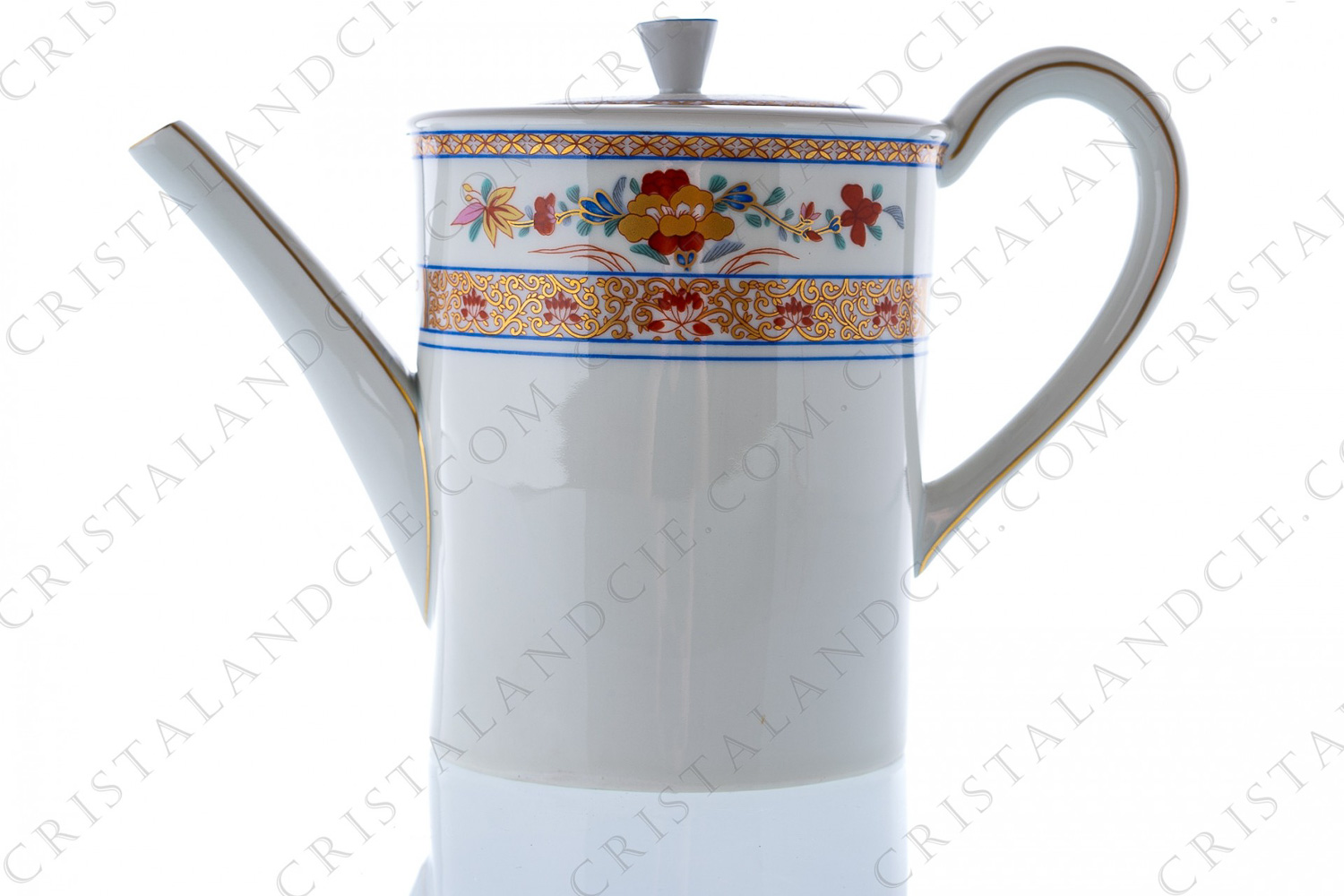 Tea pot in Limoges China by Bernardaud pattern Pondichéry decorated with polychromes and gold flowers photo-1