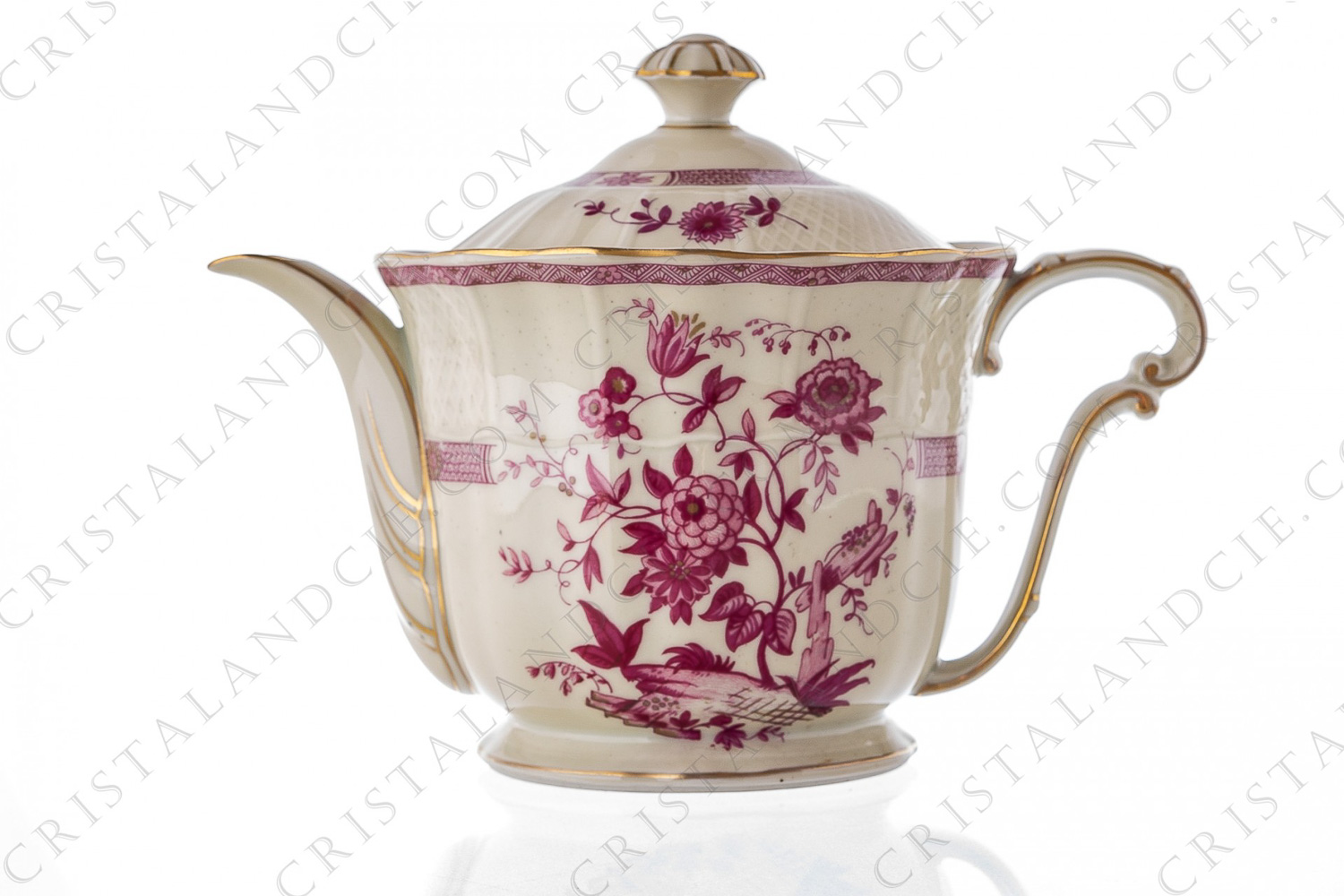 Tea pot in china of Limoges by Bernardaud pattern Zinnias decorated with pink flowers and gold borders photo-1