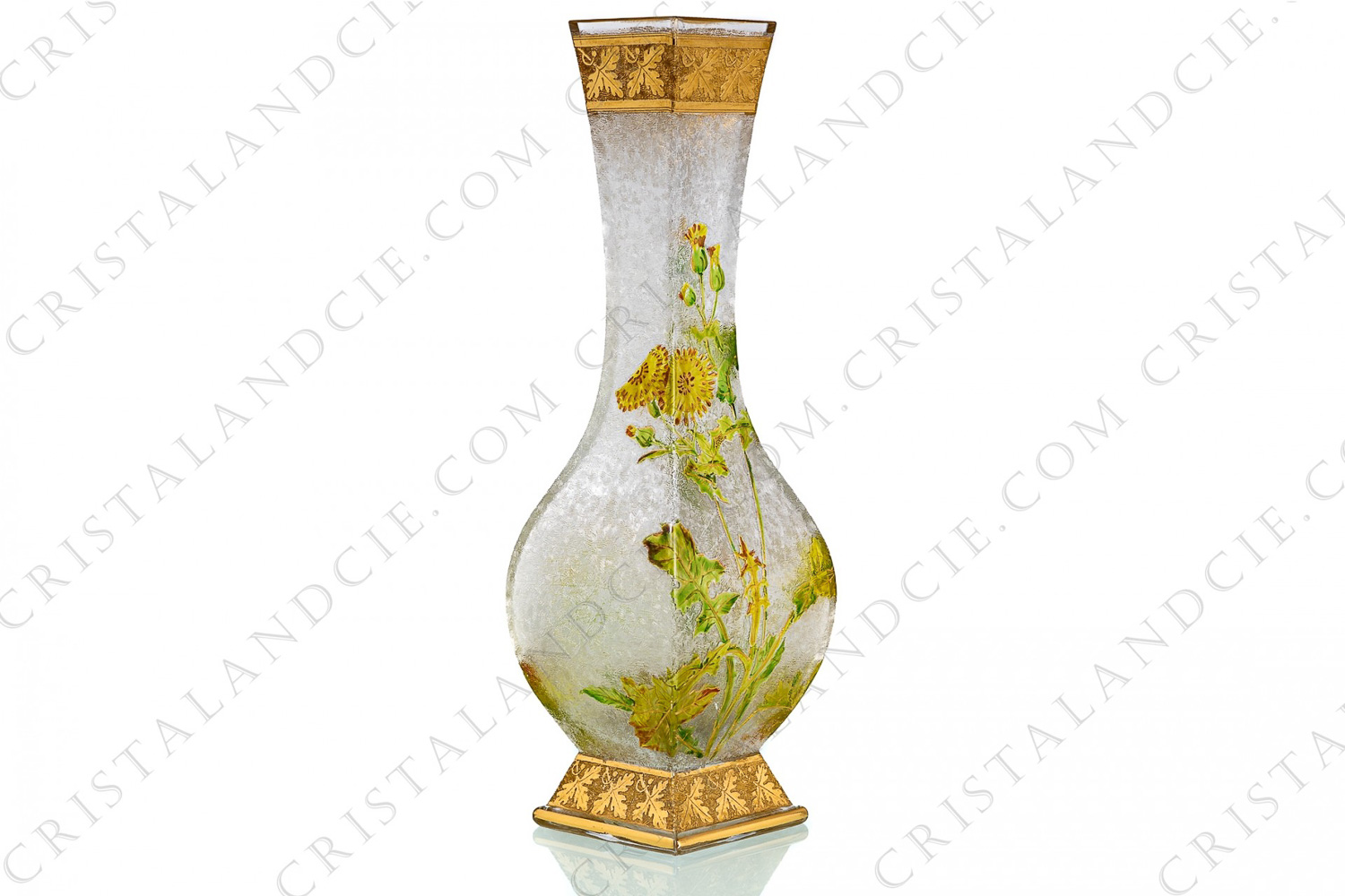 Vase Art Nouveau in crystal by Baccarat Japanese shape pattern with Leontodon with an acid etched background and a hand enameled and polychrome pattern of leontodon photo-1