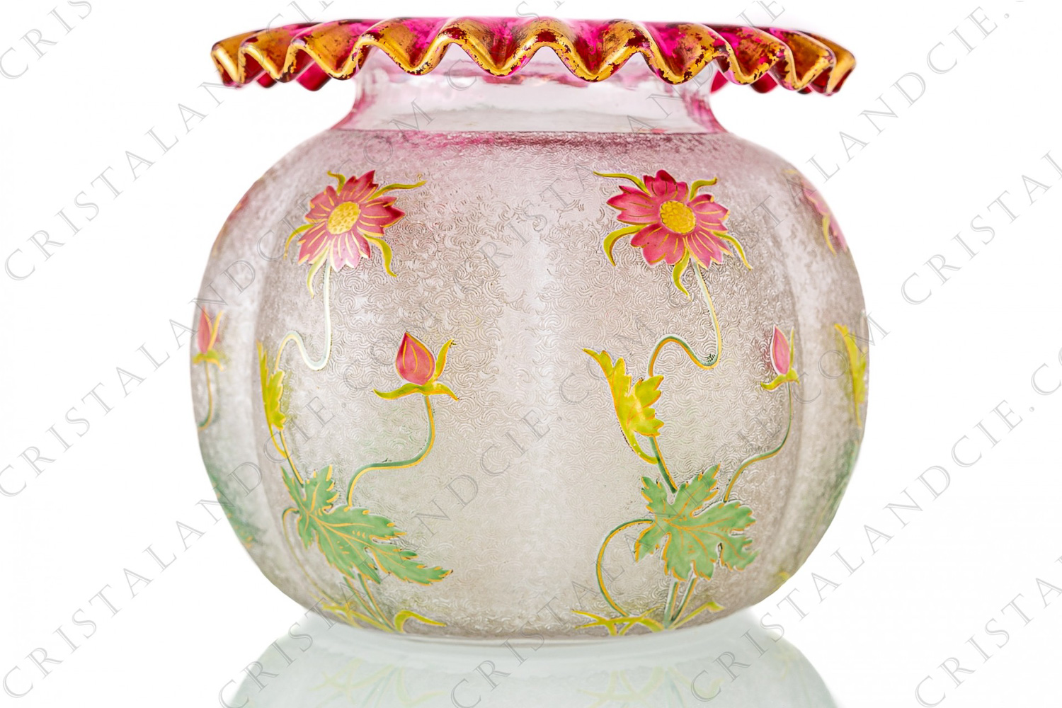 Art Nouveau poly-lobed vase in crystal by Saint-Louis decorated with hand enameled polychromes and gold Japanese anemones on an engraved with acid background photo-1