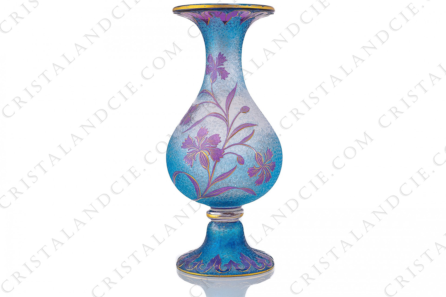 Art Nouveau vase in double layer crystal by Saint-Louis pattern with cornflowers with a blue background engraved with the acid, decorated with cornflowers in purple crystal enhanced with gold photo-1