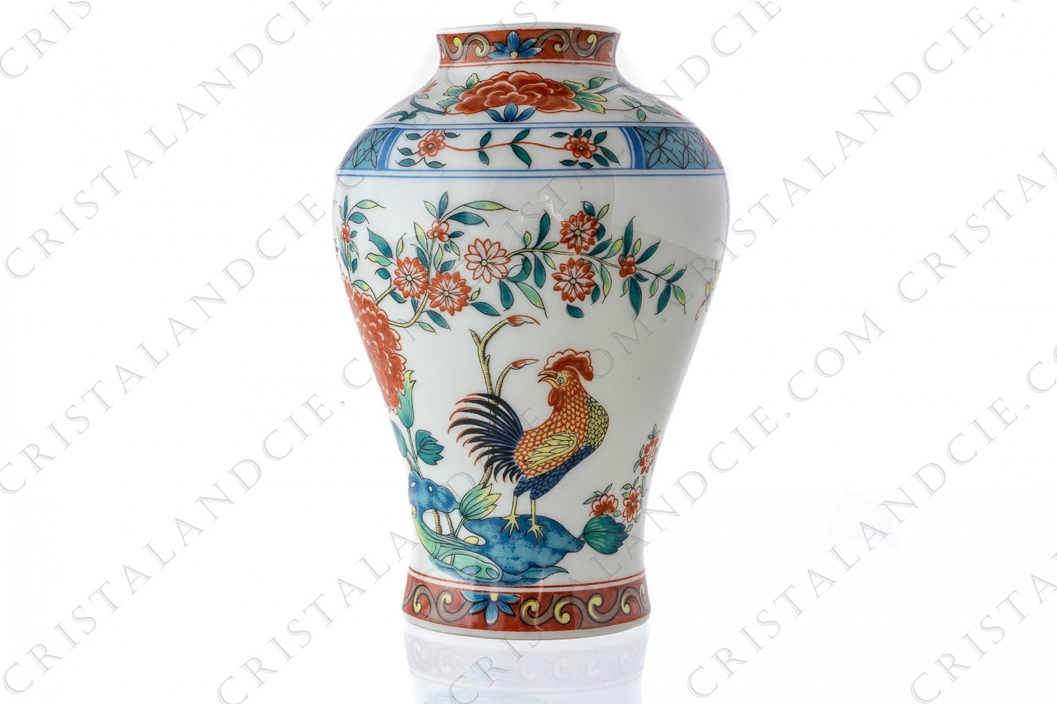 Vase in china of Limoges by Haviland pattern Au Coq on celadon paste decorated with a polychrome cockerel and red flowers photo-1