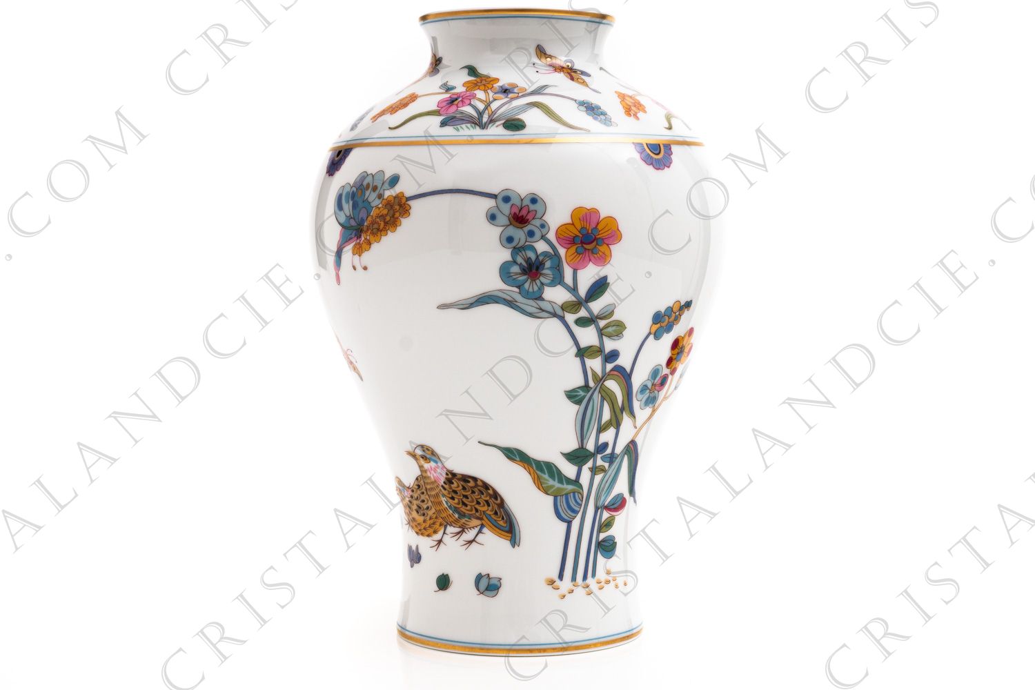 Vase en porcelaine de Limoges de la maison Haviland modèle Aux Cailles ornée de couples de cailles, de papillons et fleurs polychromes rehaussés d or photo-1