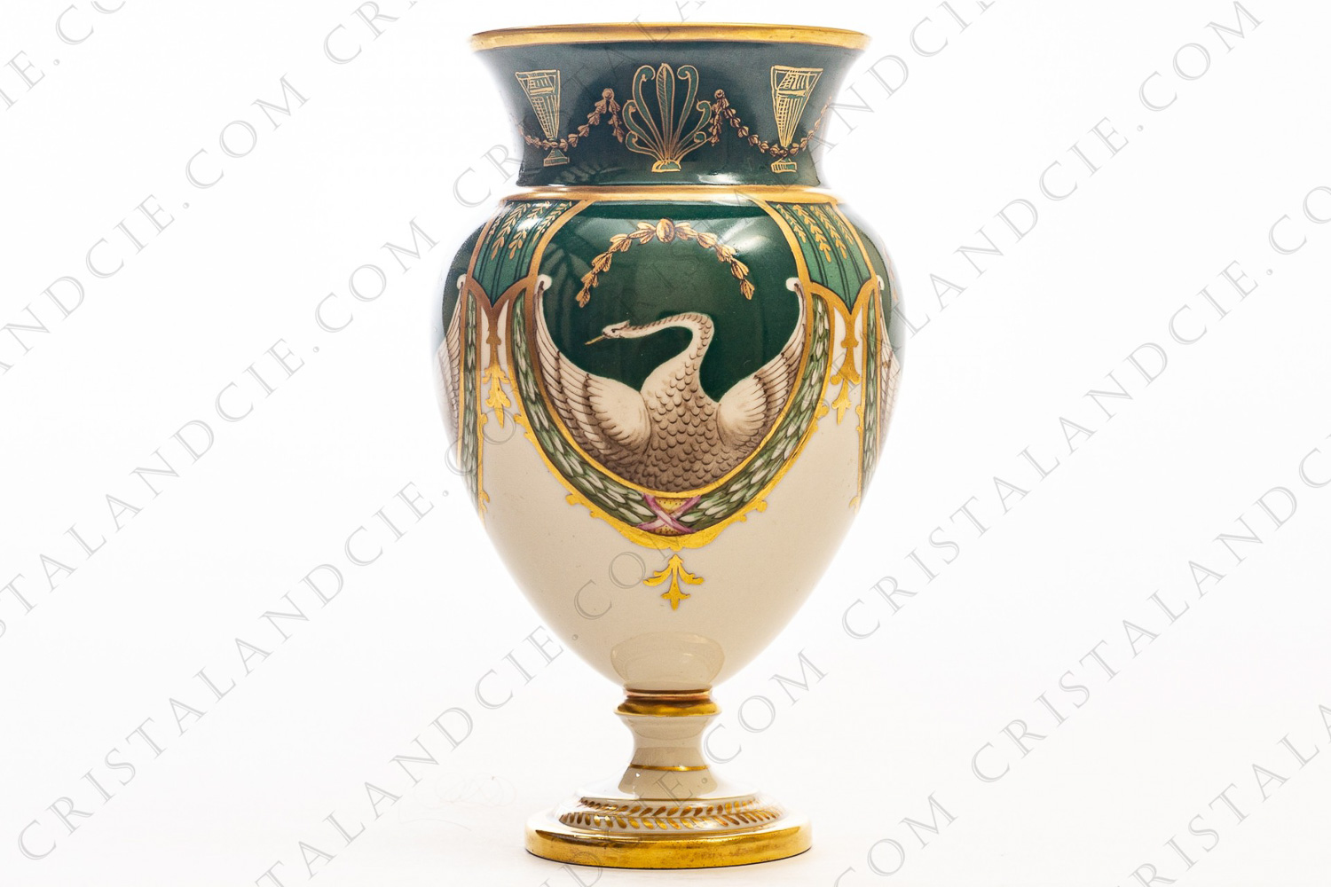 Vase in china of Limoges by Charles Ahrenfeldt hand painted with swans on a green background, and green and gold garlands and friezes photo-1