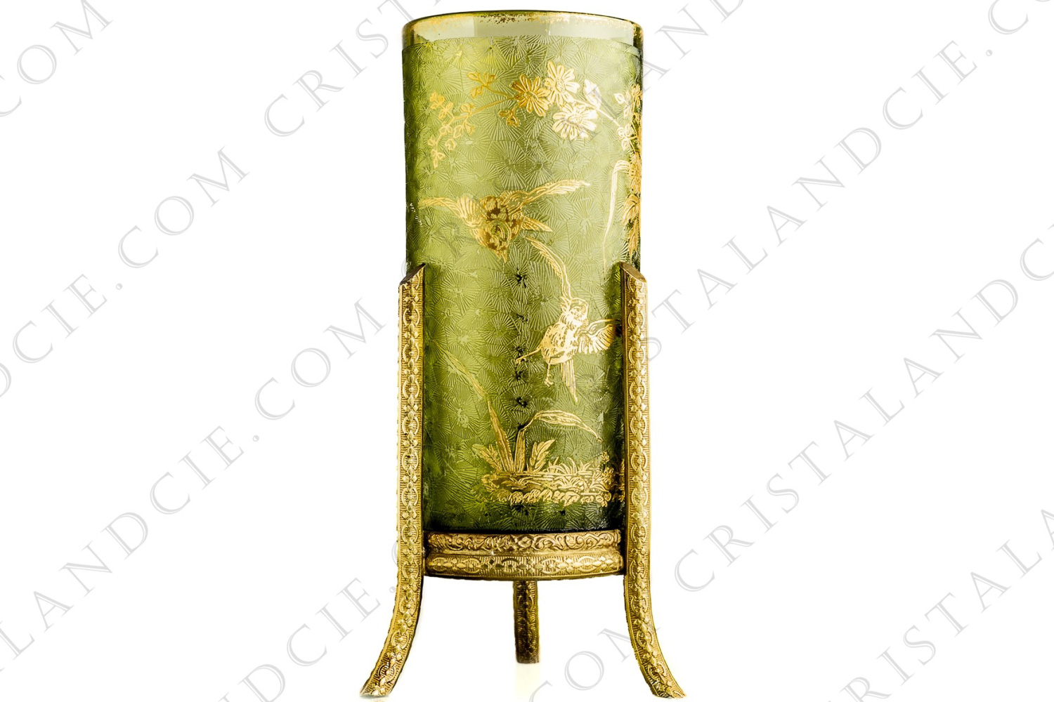 Roll vase in crystal by Baccarat with a green background engraved with the acid and a pattern of gold dogroses and birds photo-1