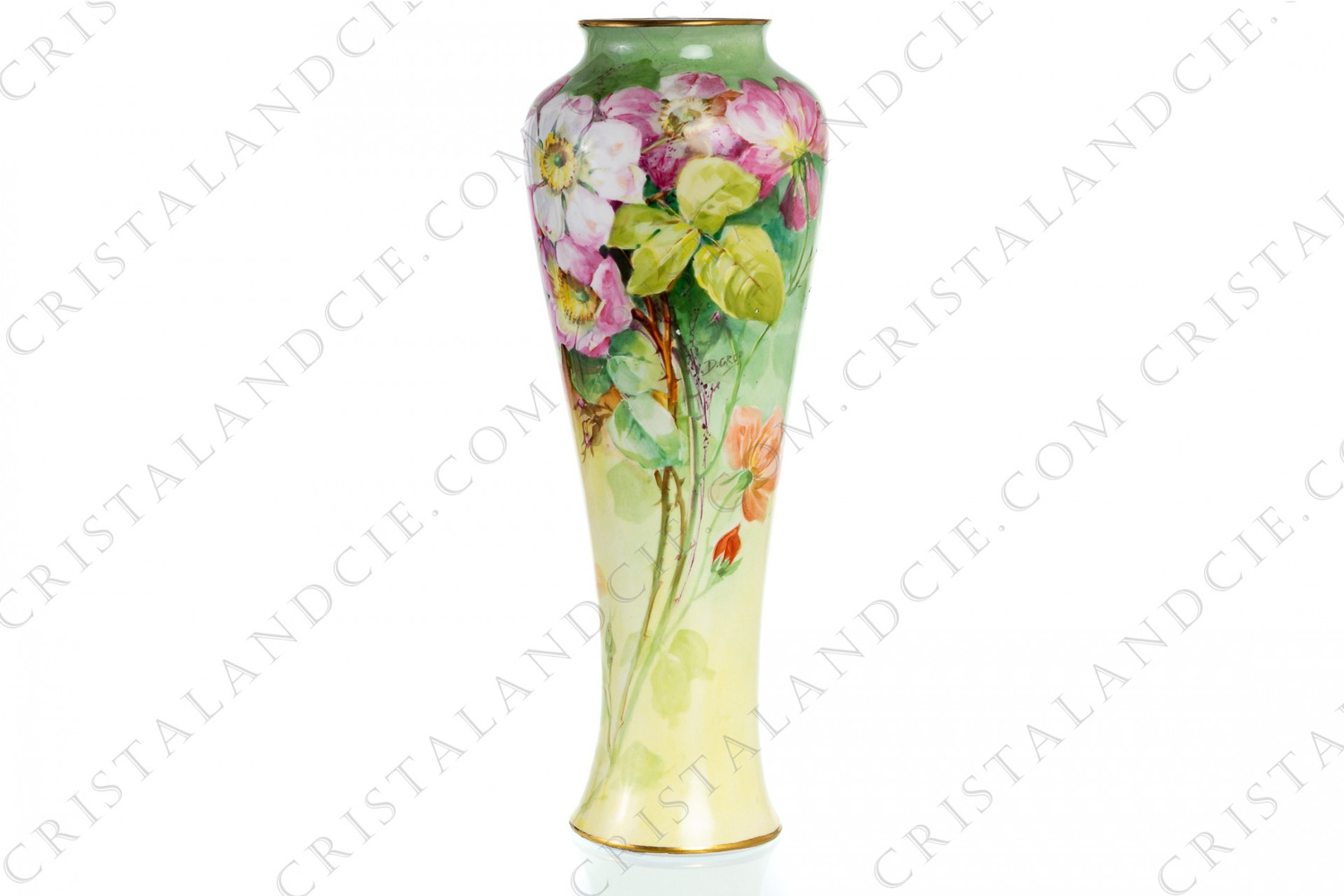 Vase in Limoges china by Redon Martial with a hand-painted pattern of polychromes wild roses signed D photo-1