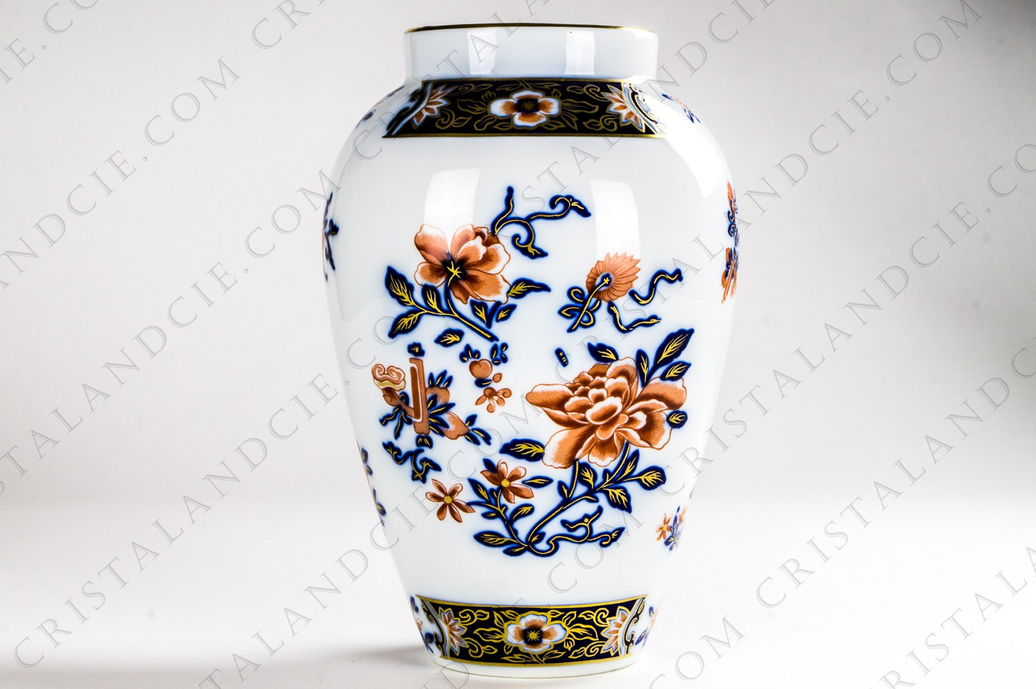 Vase in Limoges china by Bernardaud pattern Canton decorated with hand painted cobalt blue, red and gold flowers photo-1