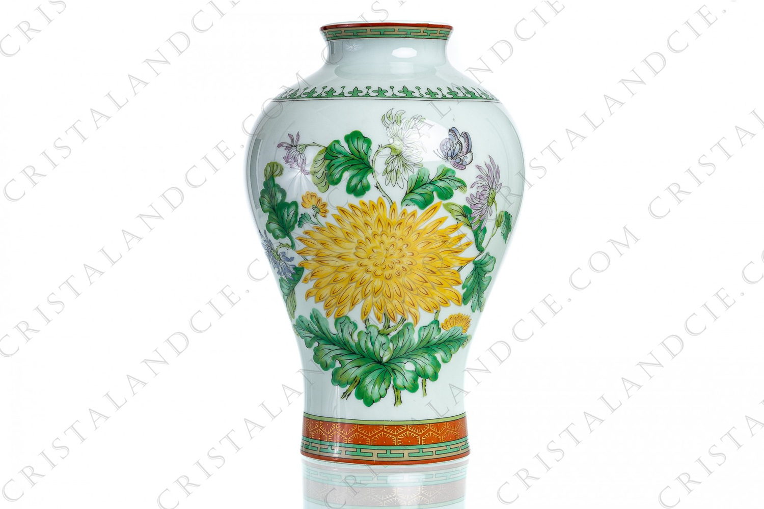 Vase in Limoges china on celadon paste by Haviland pattern Chrysantheme decorated with yellow, purple and white chrysanthemums and butterflies photo-1