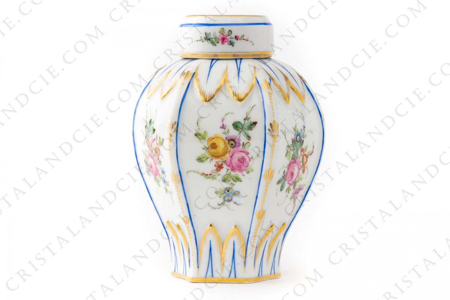 Covered vase in Sèvres china with a hand painted pattern of polychromes bouquets of flowers and blue and gold stripes photo-1