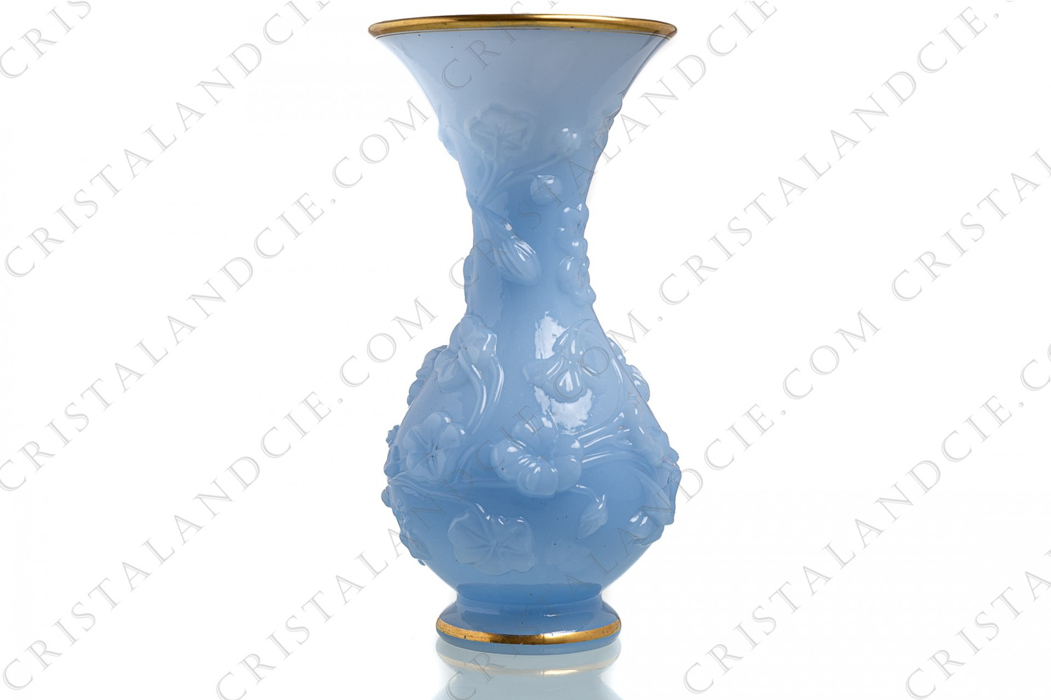 Vase in sky blue opaline of crystal by Saint-Louis decorated with flowered foliage and gold borders photo-1