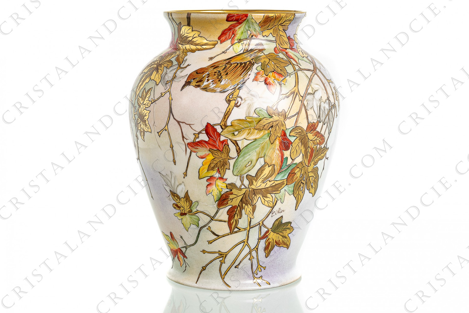 Vase in Limoges china with a hand painted pattern of polychrome and gold bird and foliage photo-1