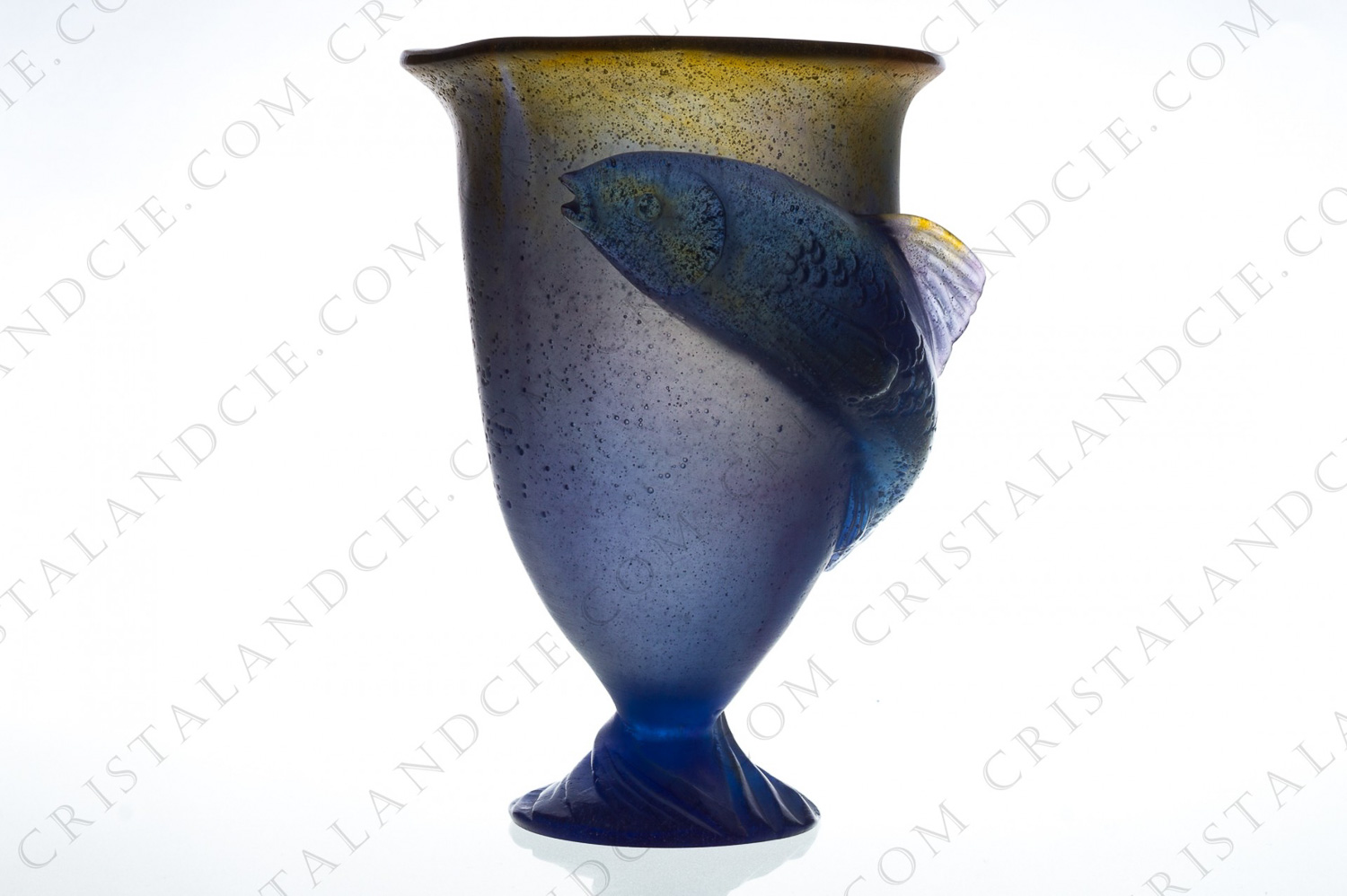 Vase in blue and orange frosted pâte de verre by Daum with a clear pâte de verre fish in relief photo-1