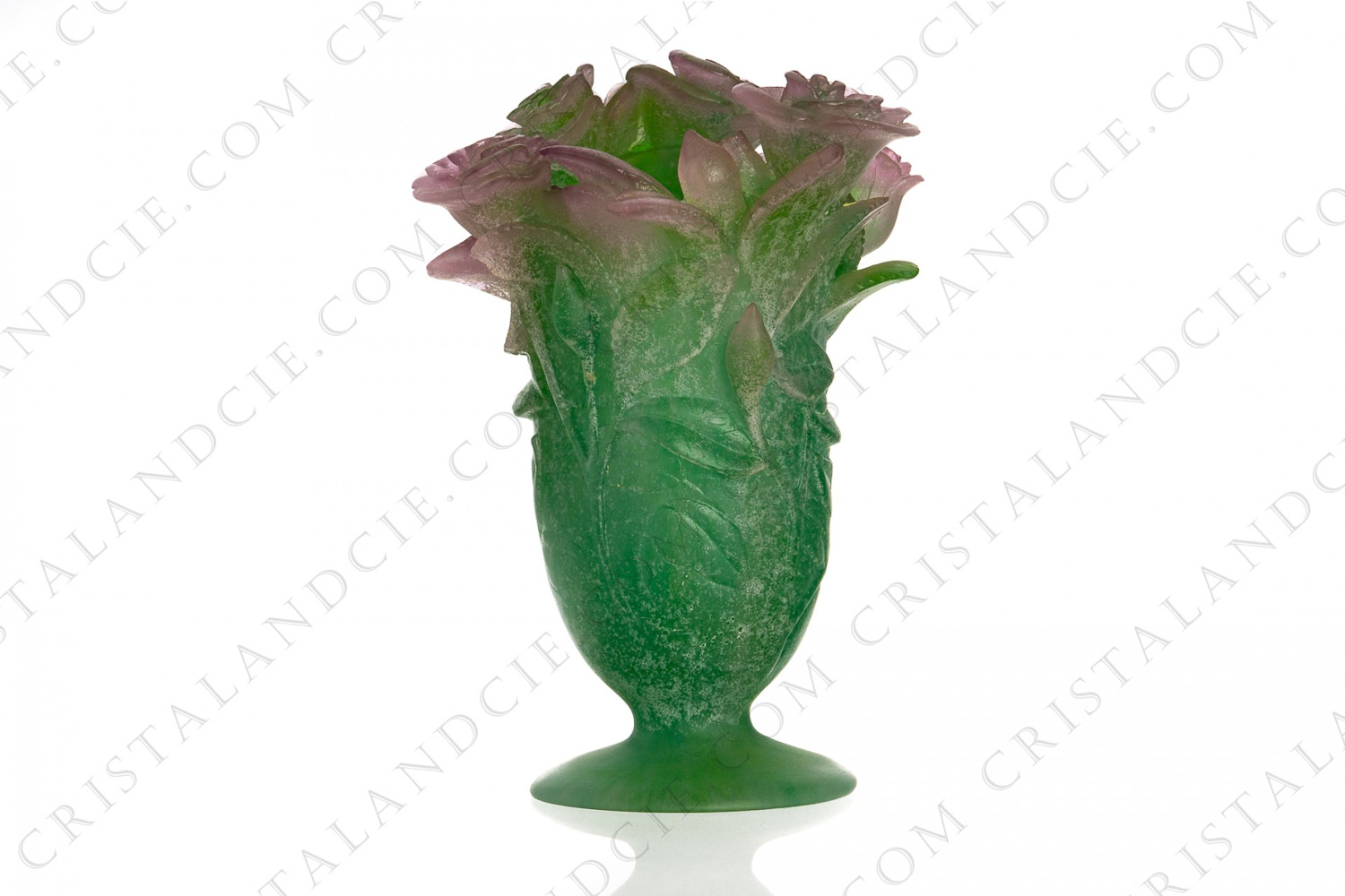 Vase in green and pink pate de verre by Daum representing a bunch of roses photo-1