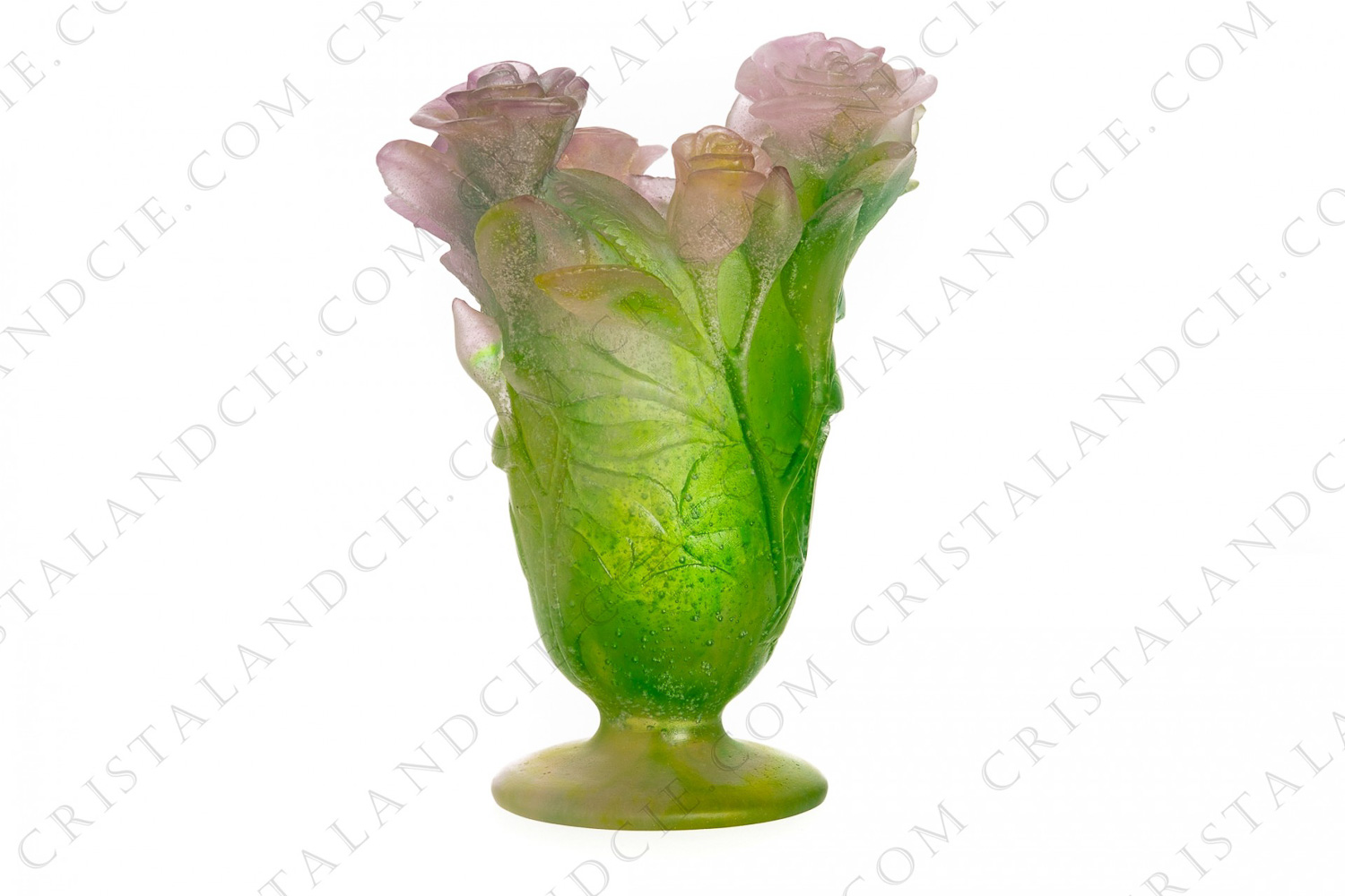Vase in green and pink pate de verre by Daum representing a bunch of roses photo-1
