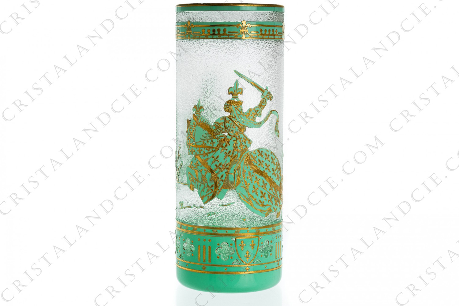 Exceptional vase in turquoise double-layer crystal by Baccarat pattern Tournoi, representing two knights on horseback in opaque turquoise crystal and gold inlays on an acid etched background photo-1