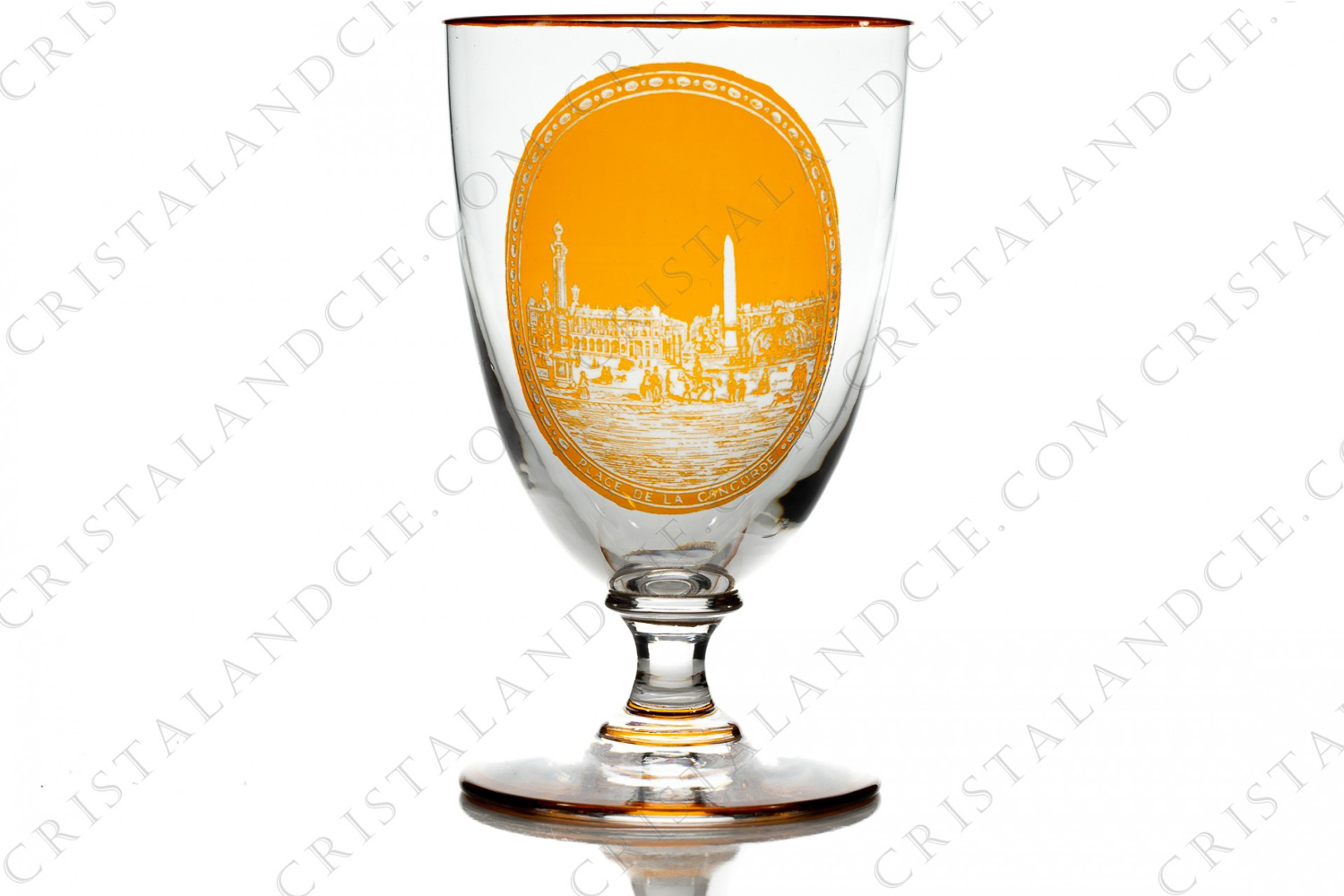 Glass in crystal by Baccarat decorated with a view of la Place de la Concorde at Paris finely acid etched on a hand painted amber medallion, shade obtained by silver cementation photo-1
