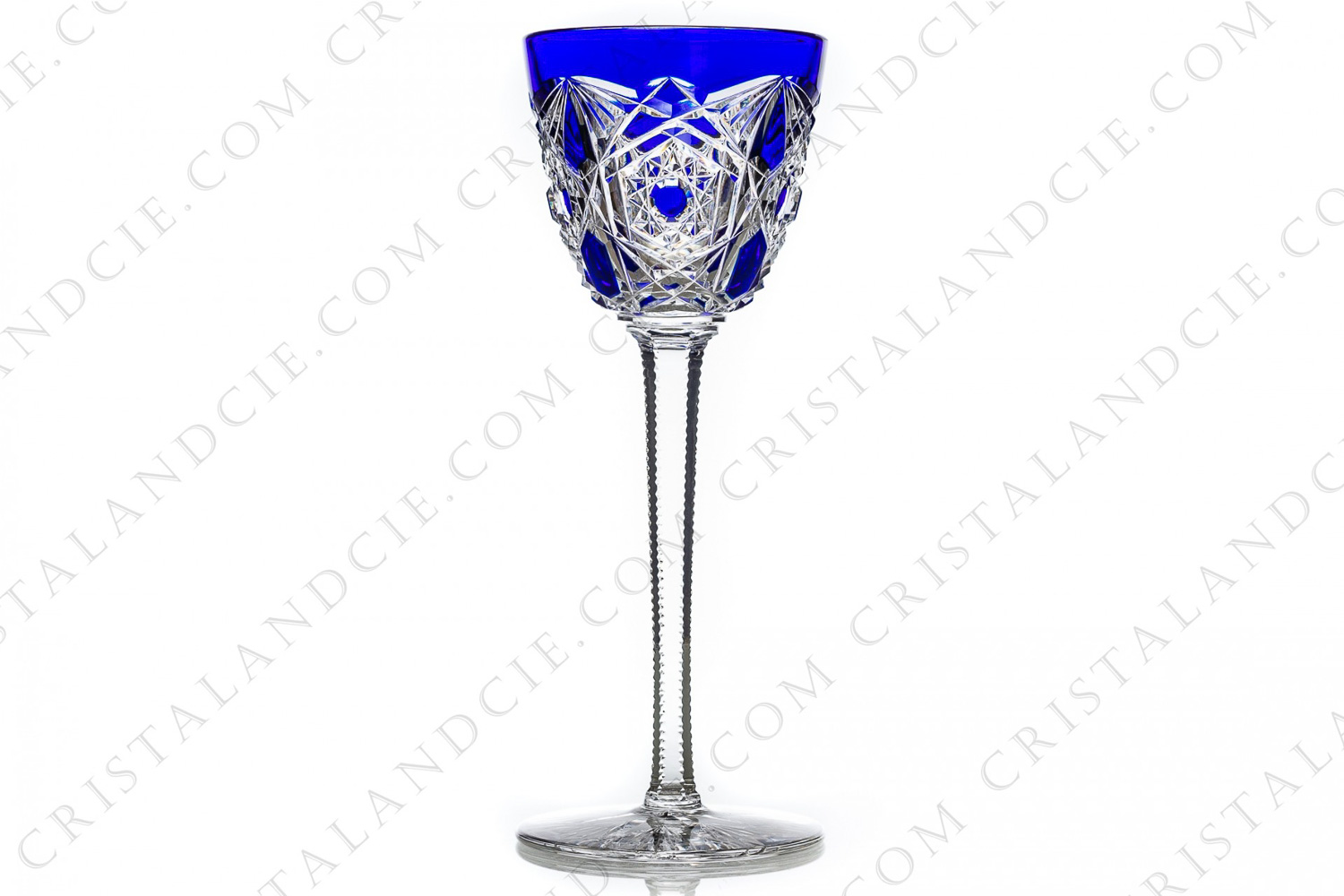Rhine wine glass hock in blue double layer crystal by Baccarat pattern Lagny with an important cut pattern on the belly and the foot photo-1