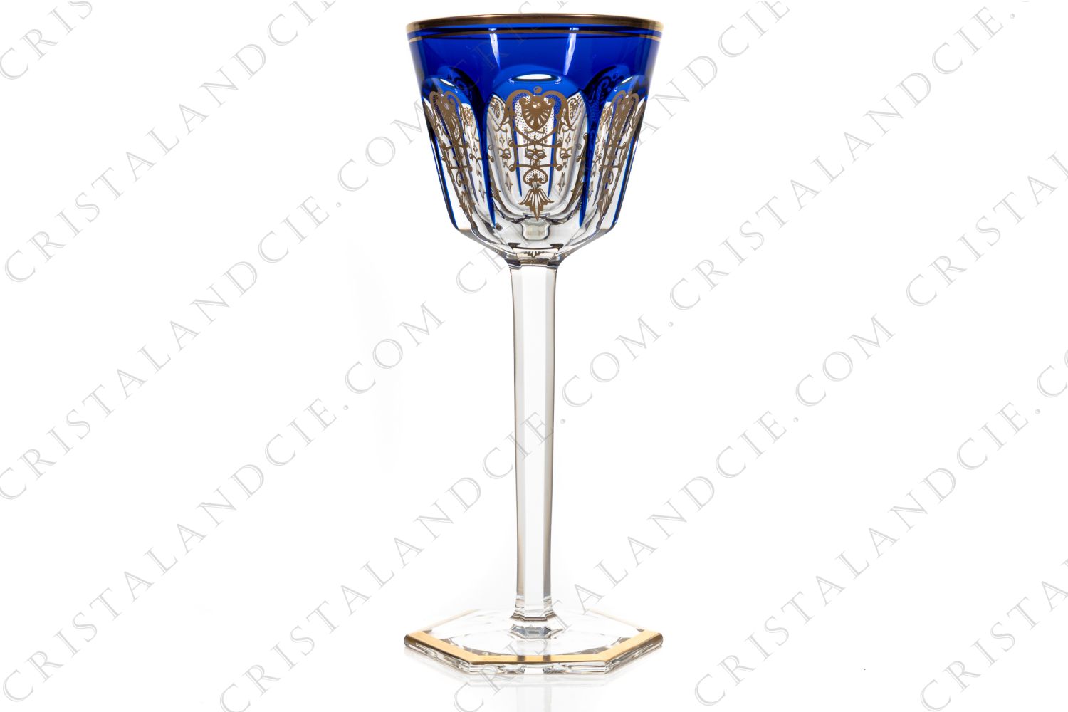 Rhine wine glass hock in blue double layer in crystal by Baccarat pattern Empire ( Harcourt) decorated with flatcut, a ring on the stem and an hexagonal foot photo-1