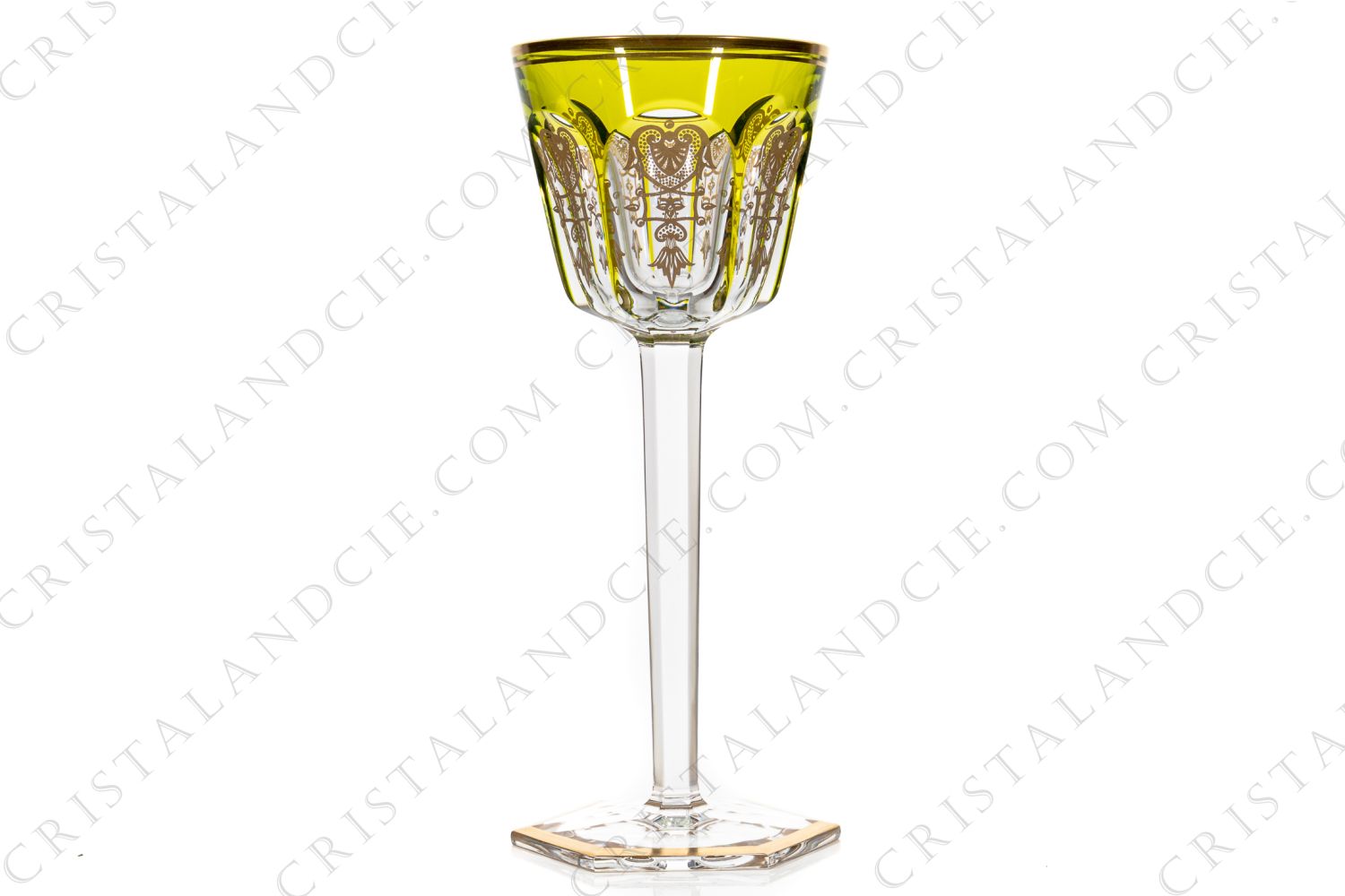 Rhine wine glass hock in yellow double layer in crystal by Baccarat pattern Empire ( Harcourt) decorated with flatcut, a ring on the stem and an hexagonal foot photo-1