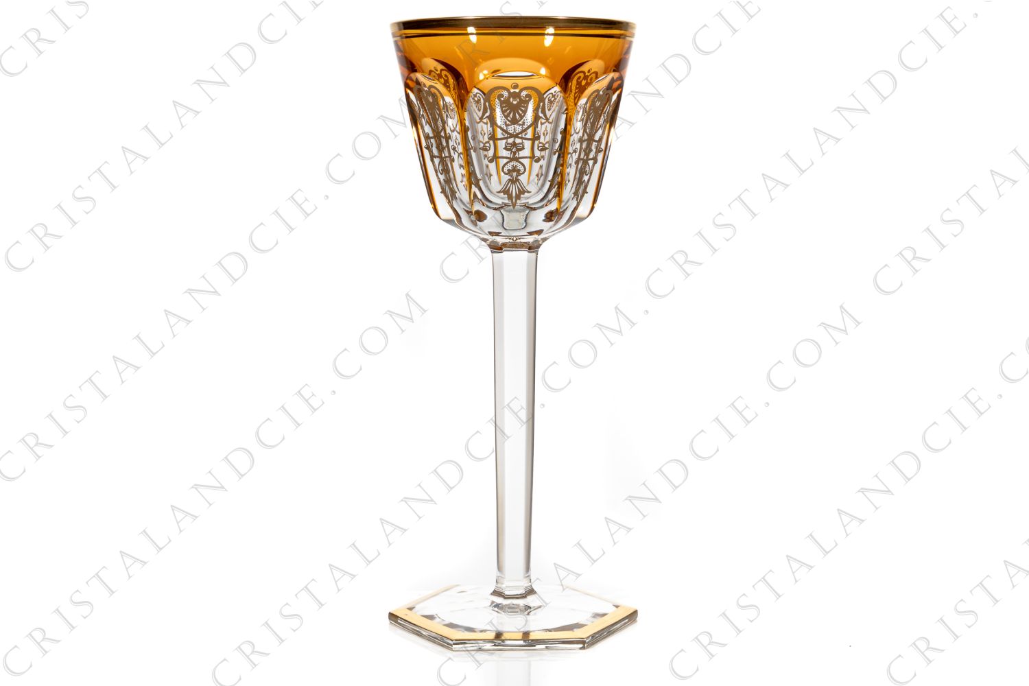 Rhine wine glass hock in orange double layer in crystal by Baccarat pattern Empire ( Harcourt) decorated with flatcut, a ring on the stem and an hexagonal foot photo-1