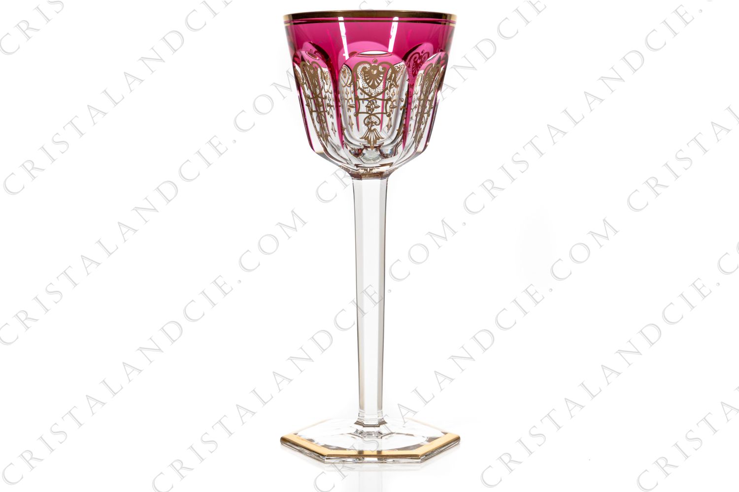 Rhine wine glass hock in red double layer in crystal by Baccarat pattern Empire ( Harcourt) decorated with flatcut, a ring on the stem and an hexagonal foot photo-1