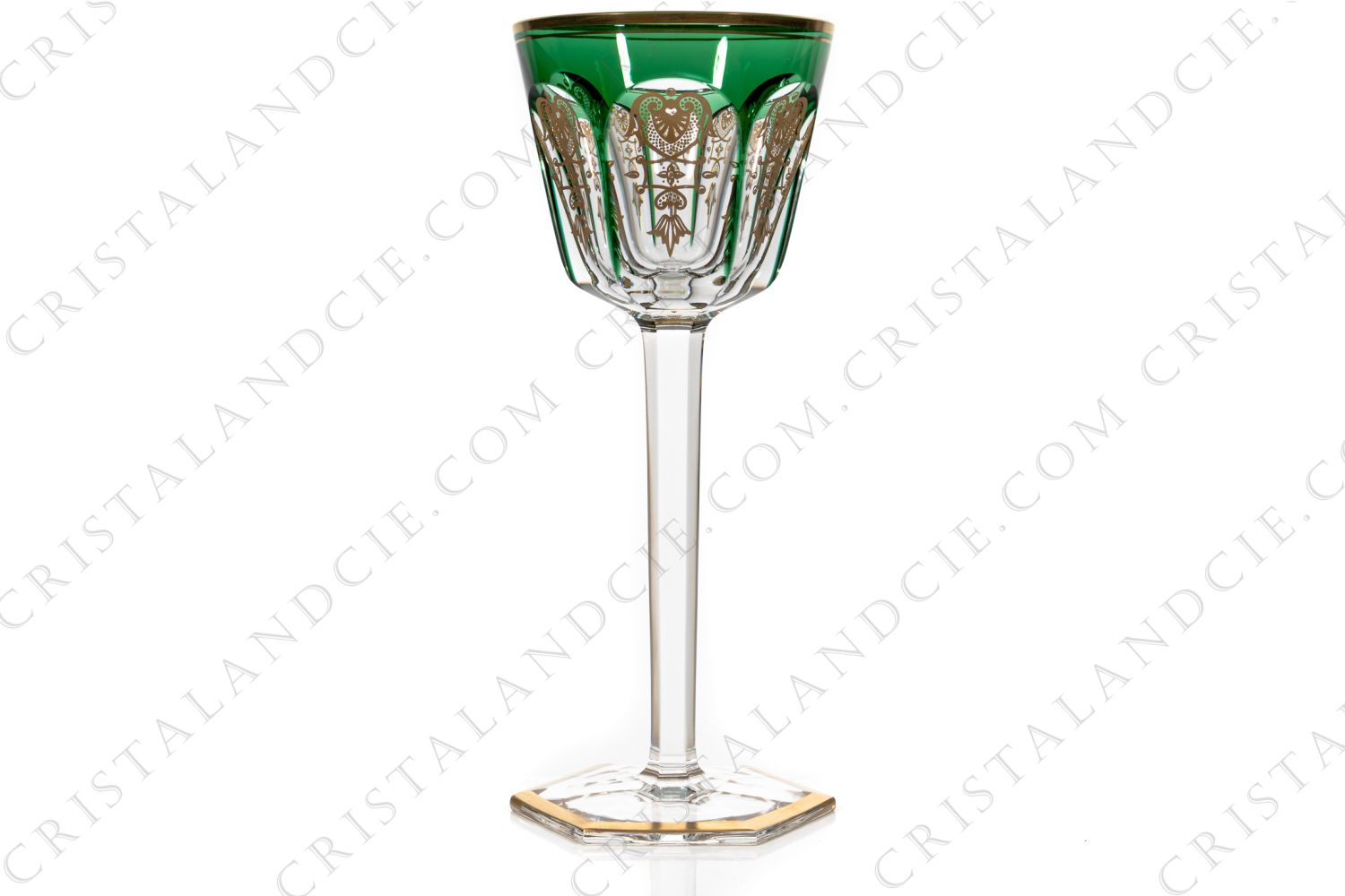 Rhine wine glass hock in green double layer in crystal by Baccarat pattern Empire ( Harcourt) decorated with flatcut, a ring on the stem and an hexagonal foot photo-1