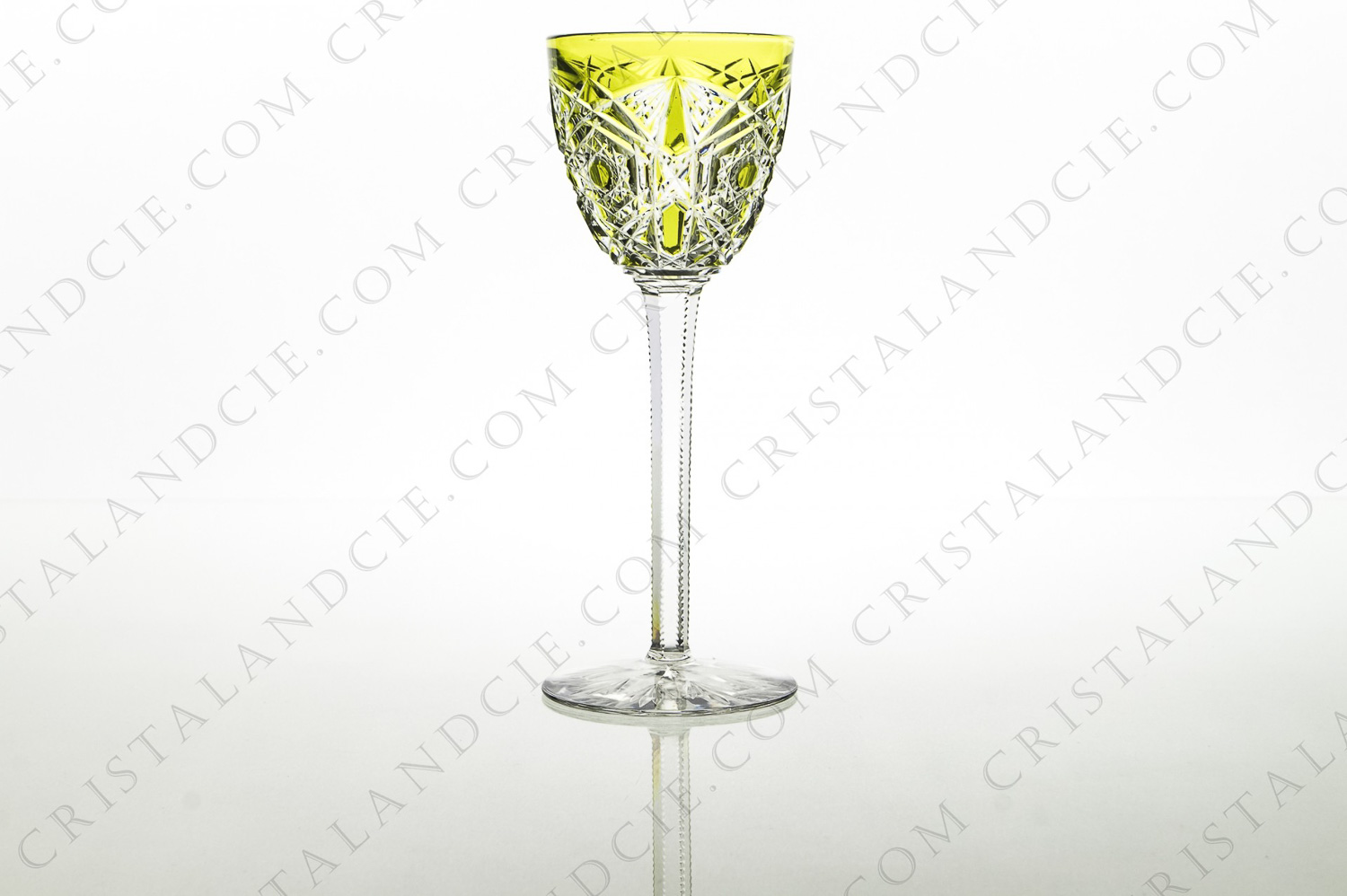 Rhine wine glass hock in yellow double layered in crystal by Baccarat pattern Lagny with an important carved decor on the belly and the foot photo-1