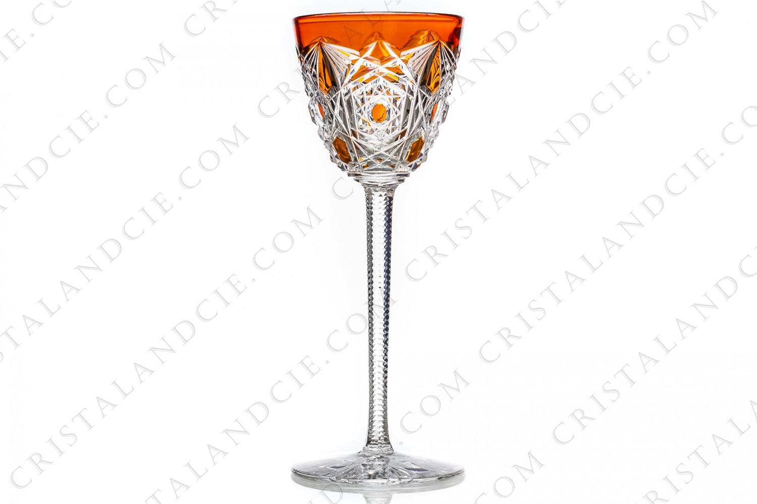 Rhine wine glass hock in orange double layer crystal by Baccarat pattern Lagny with an important cut pattern on the belly and the foot photo-1