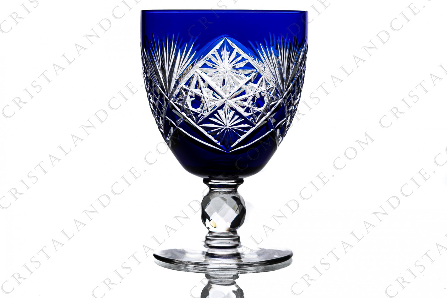 Rhine wine glass hock in blue double layer crystal by Saint-Louis probably Saint-Louis, with an important cut pattern and a faceted ring photo-1