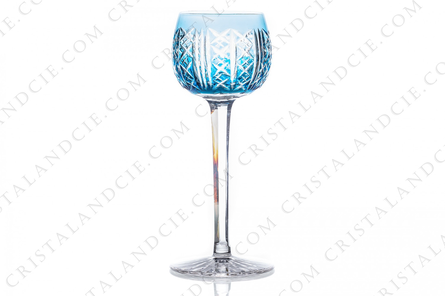 Rhine wine glass hock in sky blue double layer crystal by Saint-Louis pattern Riesling with an important cut pattern photo-1