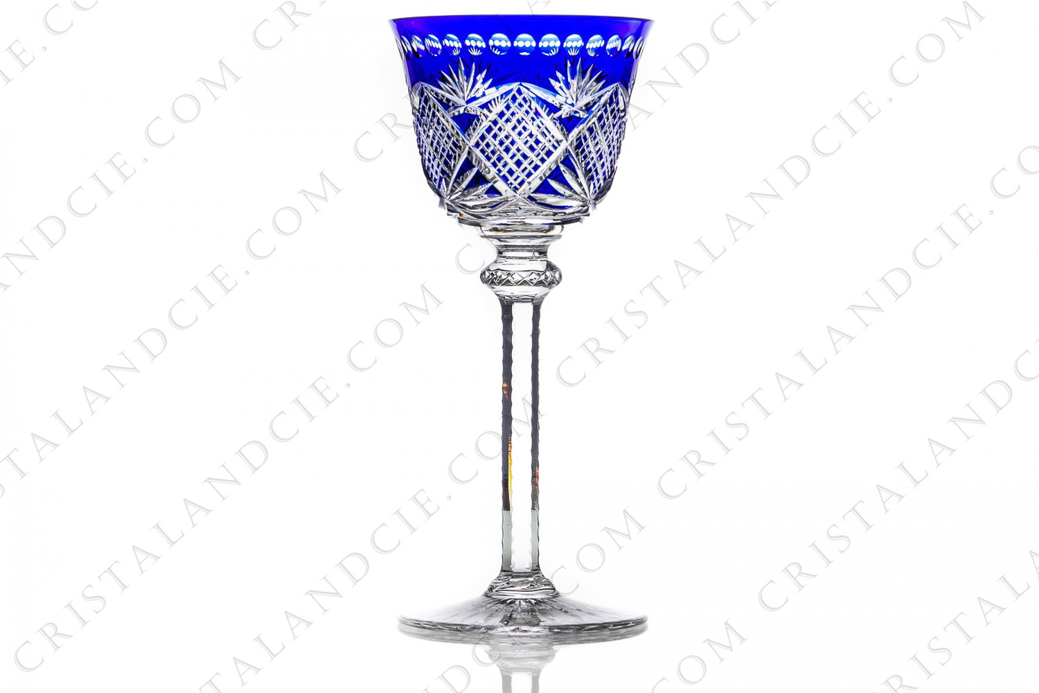 Rhine wine glass hock in dark blue double layer crystal by Saint-Louis pattern Tommy cut 904 with an elaborately cut pattern photo-1