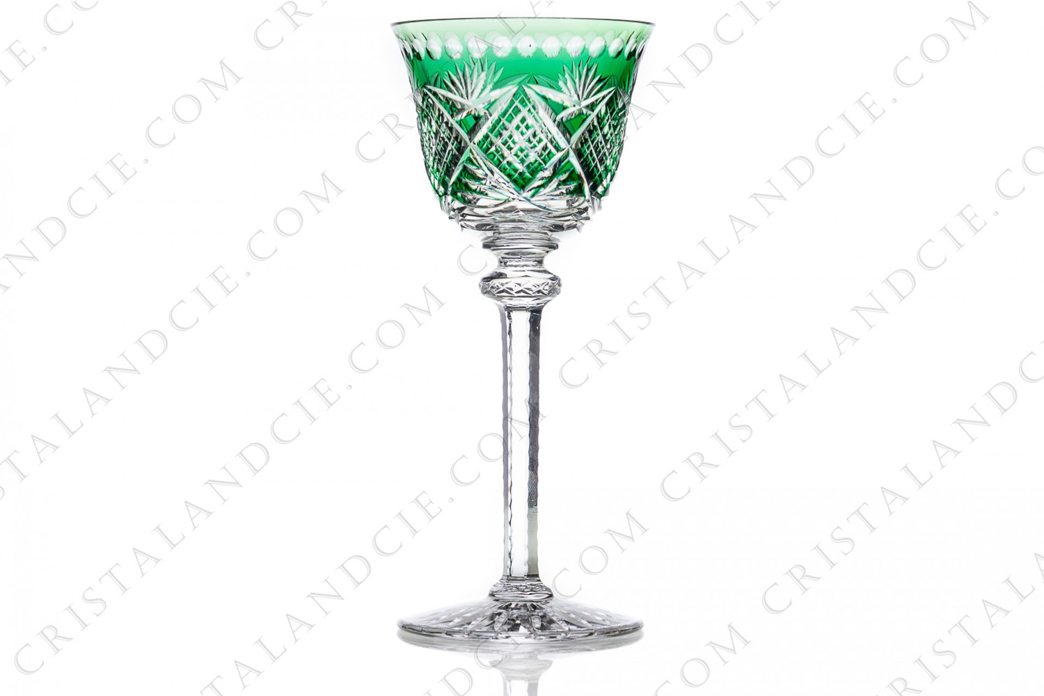 Rhine wine glass hock in green double layer crystal by Saint-Louis pattern Tommy cut 904 with an elaborately cut pattern photo-1