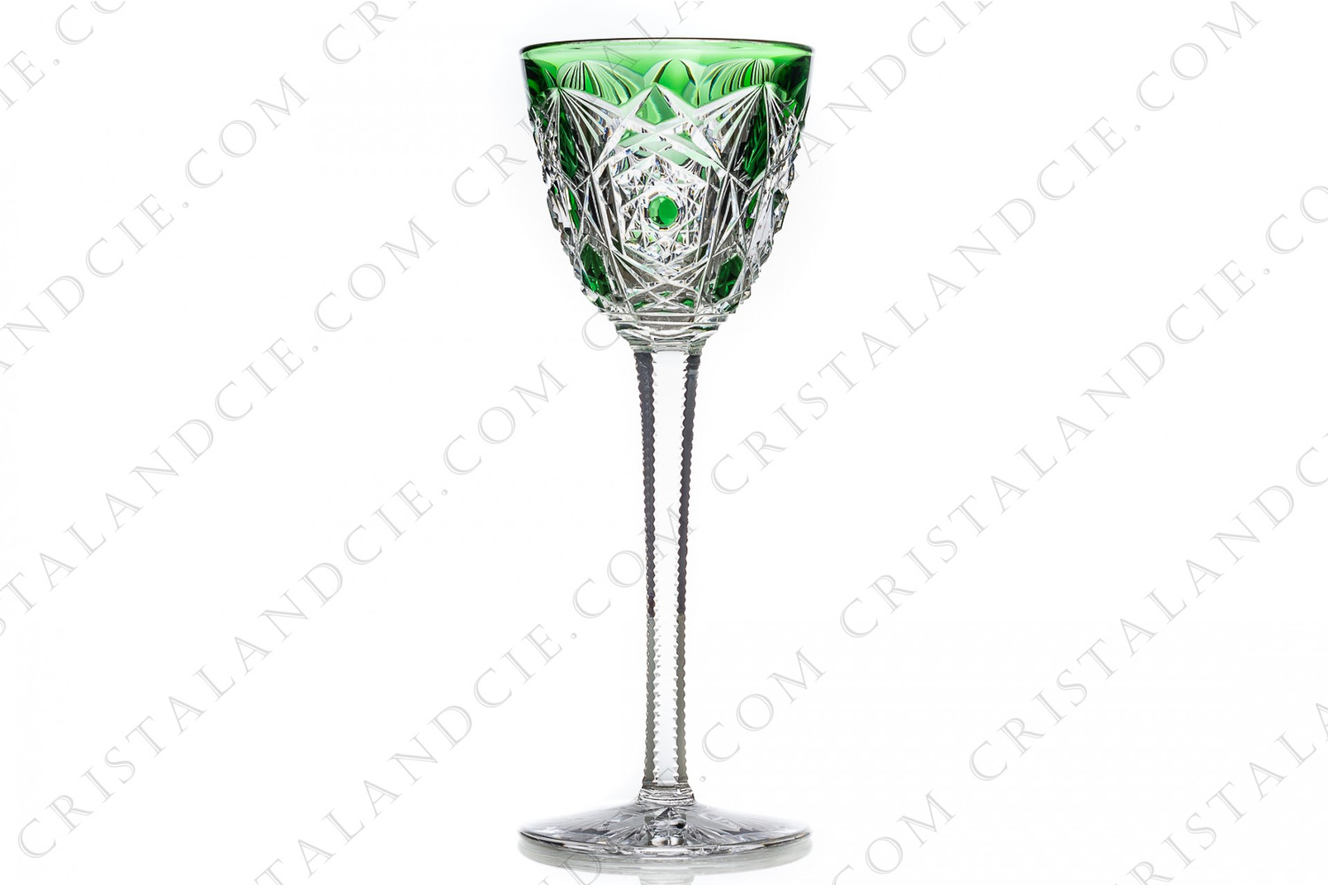 Rhine wine glass hock in green double layer crystal by Baccarat pattern Lagny with an important cut pattern on the belly and the foot photo-1
