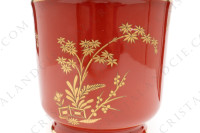 Cache-pot en porcelaine de Limoges de la maison Bernardaud modèle Séoul corail à décor de maisons et d arbres or sur fond corail photo-3