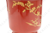 Cache-pot en porcelaine de Limoges de la maison Bernardaud modèle Séoul corail à décor de maisons et d arbres or sur fond corail photo-4