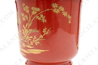 Cache-pot en porcelaine de Limoges de la maison Bernardaud modèle Séoul corail à décor de maisons et d arbres or sur fond corail photo-5
