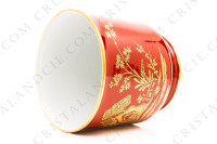 Cache-pot en porcelaine de Limoges de la maison Bernardaud modèle Séoul corail à décor de maisons et d arbres or sur fond corail photo-2