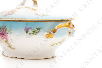 Covered vegetable in Limoges china by Sigismond Maas, decorated with pink and white chrysanthemums on a sky blue background and with gold borders photo-3
