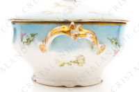 Covered vegetable in Limoges china by Sigismond Maas, decorated with pink and white chrysanthemums on a sky blue background and with gold borders photo-4