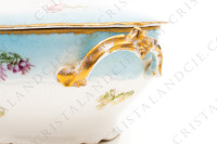 Covered vegetable in Limoges china by Sigismond Maas, decorated with pink and white chrysanthemums on a sky blue background and with gold borders photo-6