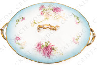 Covered vegetable in Limoges china by Sigismond Maas, decorated with pink and white chrysanthemums on a sky blue background and with gold borders photo-2