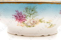 Covered vegetable in Limoges china by Sigismond Maas, decorated with pink and white chrysanthemums on a sky blue background and with gold borders photo-9